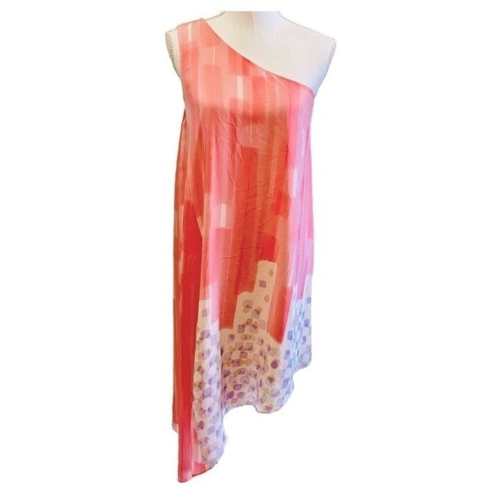 Maeve by Anthropologie 100% Silk Pink and Cream One Shoulder Dress Size 4